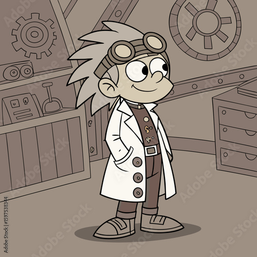 Cartoon Mad Scientist Character in Workshop – Steampunk Style Lab Scene