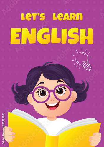 English Learning Poster with Kid Holding Book Vector Illustration.