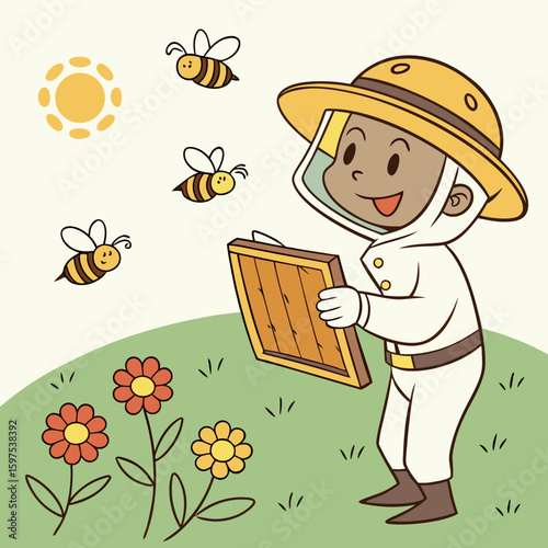 Smiling Cartoon Beekeeper Child with Bees and Flowers on a Sunny Day