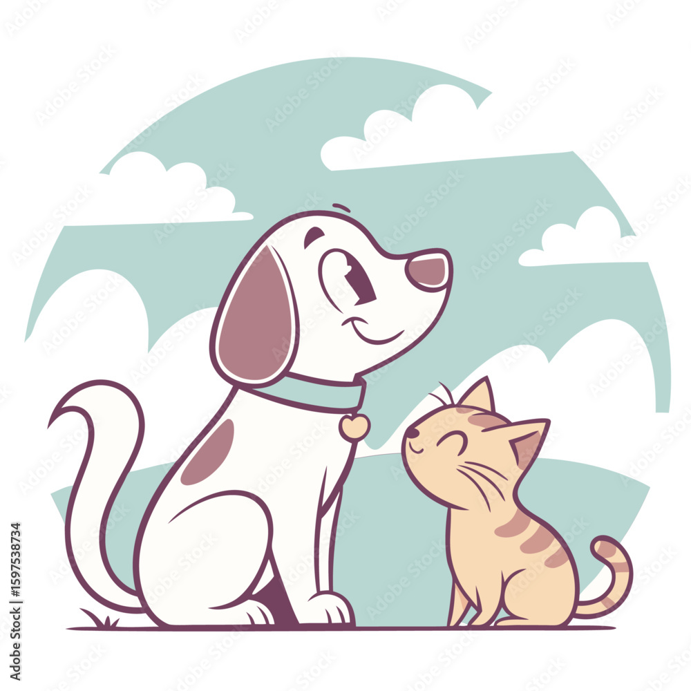 Fototapeta premium Cartoon dog and cat, smiling, sitting side-by-side, friendly vector art.