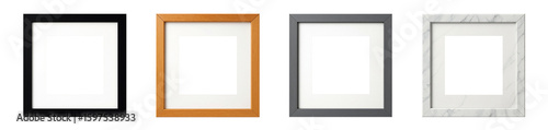 square photo frame mockup set with black wood oak grey and marble finishes isolated in transparent background for interior and print display design