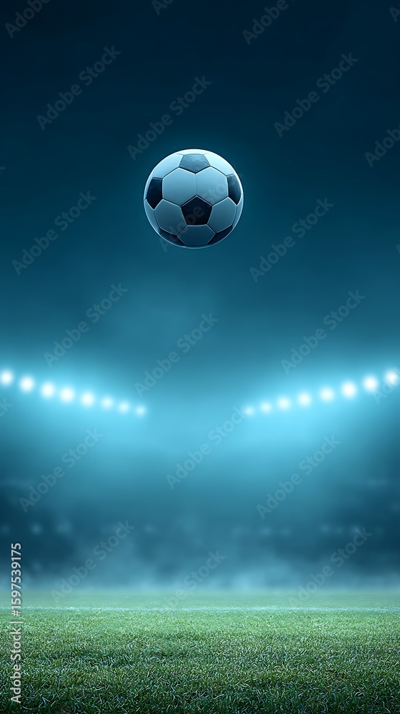 Naklejka premium Soccer ball flying over a well-lit football field