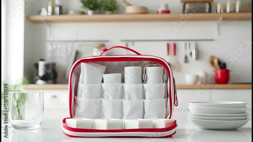A first aid kit in a red box is on the table in the kitchen. Kitchen interior and medicine	