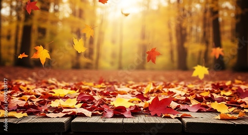 Autumn Leaves Falling in Forest with Wooden Table and Golden Light