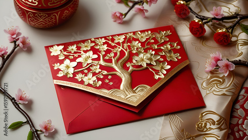 Traditional red envelope with intricate gold cherry blossom tree design