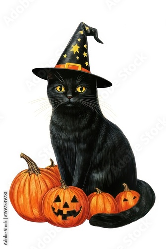 black cat wearing witch hat with pumpkins clip art preview