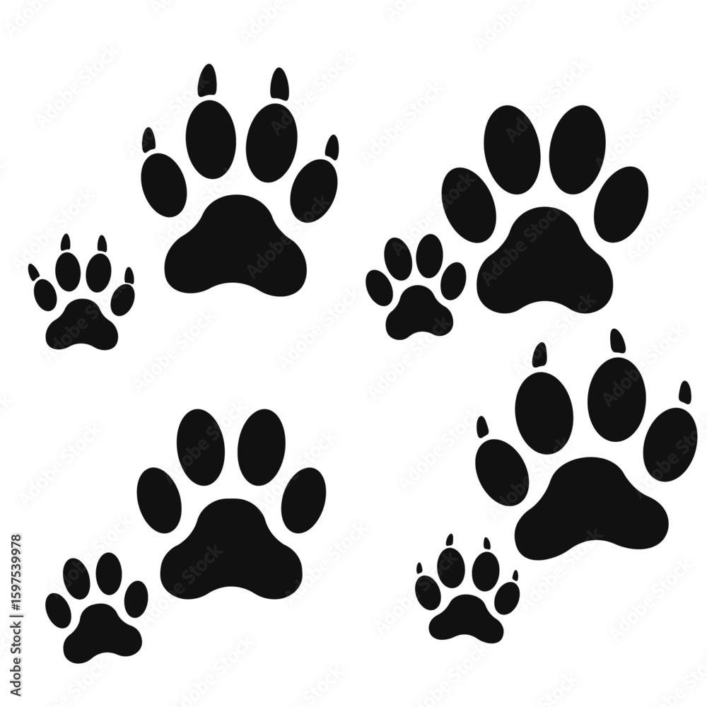 Fototapeta premium Vector art of collection of black paw prints on isolated background