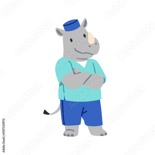 Cute rhinoceros doctor. Medical animal character. Rhino medic in scrubs smiling. Pediatrician mascot. Pediatric health care professional. Kids flat vector illustration isolated on white background