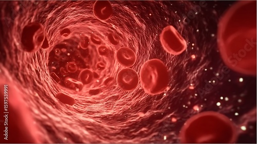 Close-up view of red blood cells flowing in a blood vessel