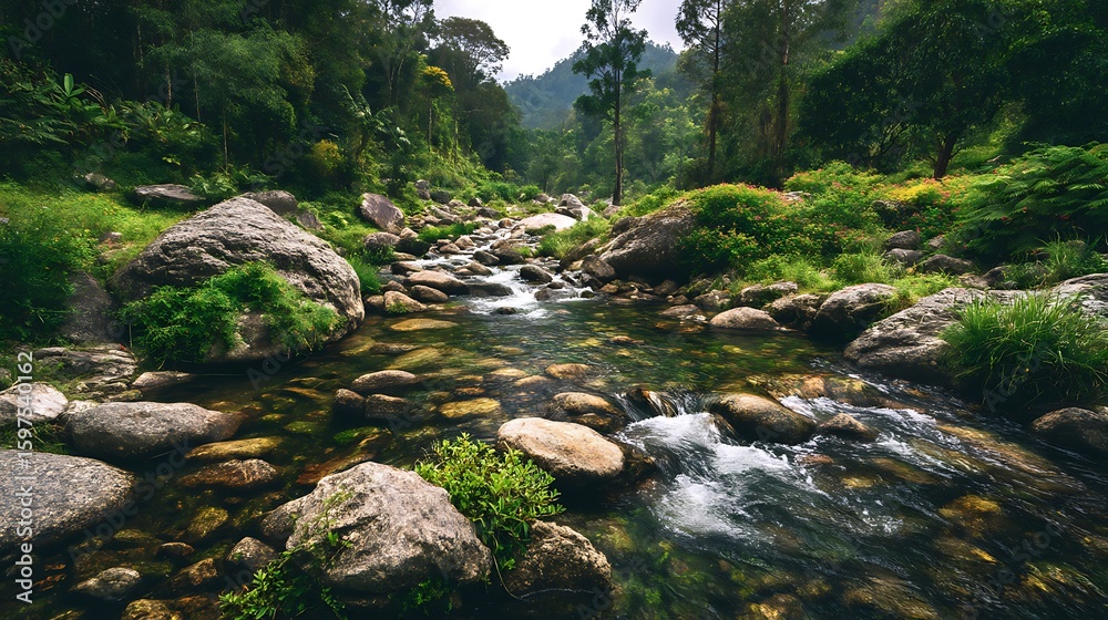 Obraz premium Clear stream flowing over smooth, large stones in a lush green landscape. Pure water unpolluted concept. .