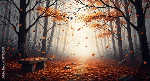 Autumnal Forest Path with Falling Leaves and Wooden Bench in Foggy Landscape