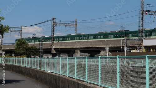 日本、大阪府、京阪電車、寝屋川、電車、交通、京阪電気鉄道、京阪本線、川、橋、堀、写真素材
