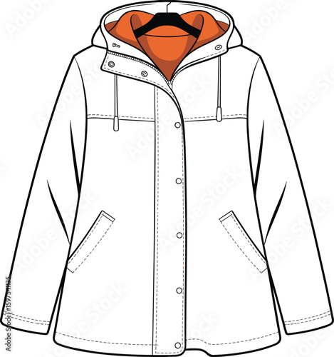 Women's Hooded Raincoat Technical Fashion Illustration Flat Sketch Template, Apparel Clothing Design Blank Mockup with Snap Buttons and Pockets for Wet Weather.