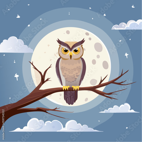Majestic elephant in a nocturnal forest with a full moon and starry sky, a scenic nature vector illustration.