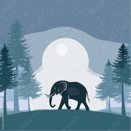 A dramatic vector illustration of a wolf silhouette howling at the full moon from a rocky cliff on a starry night
