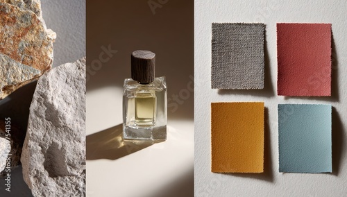 Natural color palette swatches, stones, perfume bottle