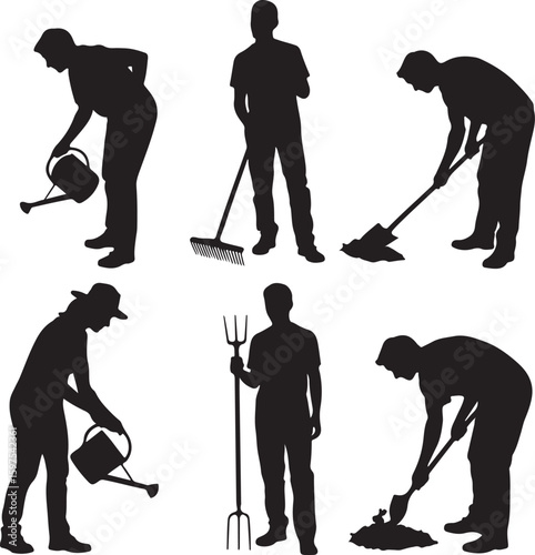 Collection Of Silhouettes vector Of Farmworkers. Icons of workers with diverse tools and instruments. Silhouettes of Farmers Working with Shovels, Rakes, and Hoes in Fields