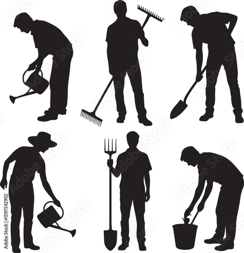 Collection Of Silhouettes vector Of Farmworkers. Icons of workers with diverse tools and instruments. Silhouettes of Farmers Working with Shovels, Rakes, and Hoes in Fields