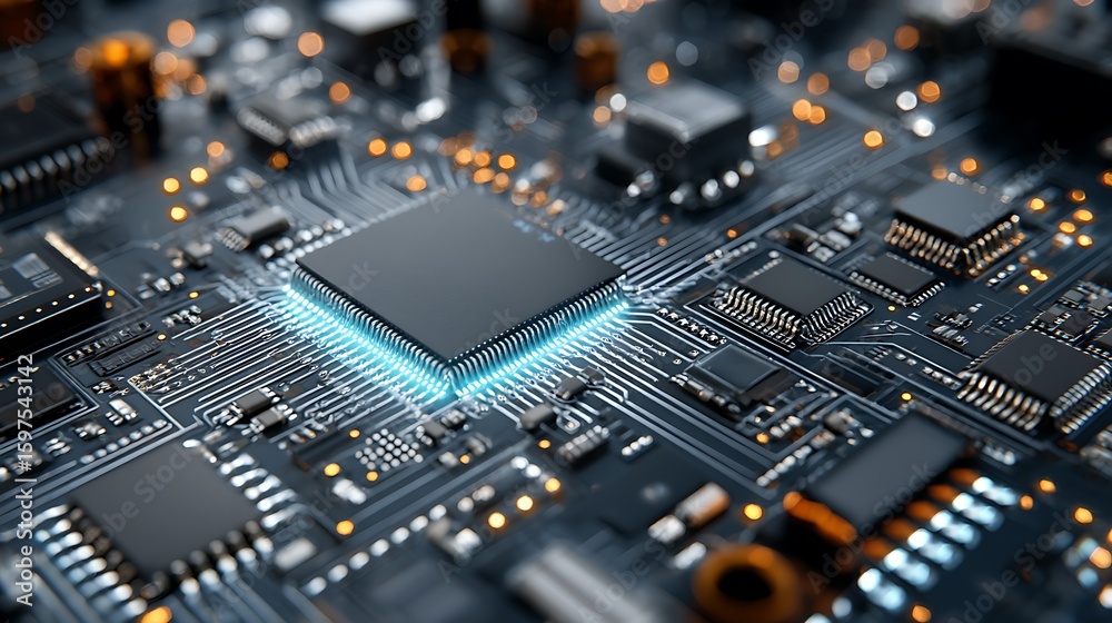 Fototapeta premium Close-up of circuit board featuring microchips and circuitry. Represents advanced technology and electronics. .