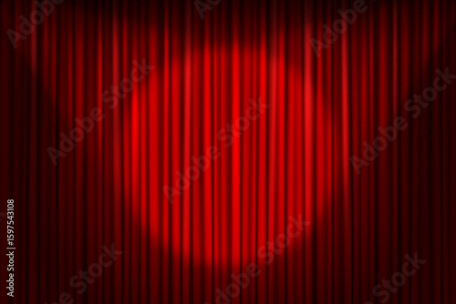 Theatre red curtains with spotlight beam background. Vector