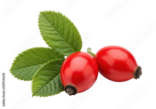 Two vibrant red rose hips with green serrated leaves on rosehip fruit