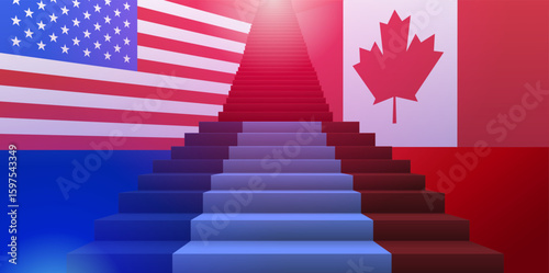 USA Canada trade war concept illustration. Flags with a central staircase symbolize economic tension. Red and blue tones dominate