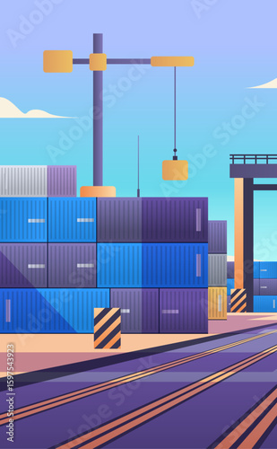 Shipping containers port trade concept. Stacked containers crane rail tracks vibrant colors industrial scene