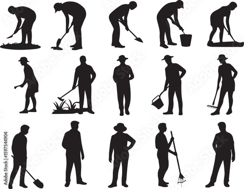 Collection Of Silhouettes vector Of Farmworkers. Icons of workers with diverse tools and instruments. Silhouettes of Farmers Working with Shovels, Rakes, and Hoes in Fields