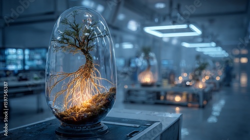 Stunning tree encased in glass glows with life force in modern science lab, symbolizing growth and innovation