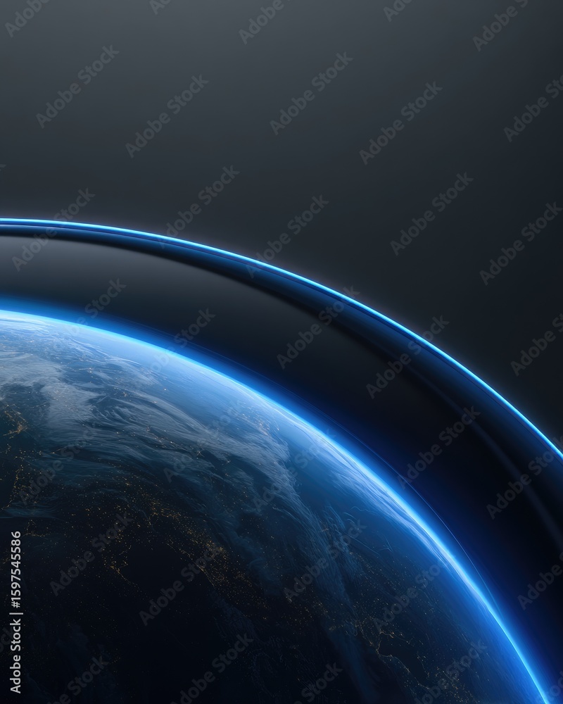 Obraz premium Earth seen from space, a portion of the planet's curvature is highlighted with a glowing blue light. Dark background