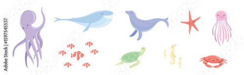 Funny Sea Animals and Ocean Swimming Creature Vector Set