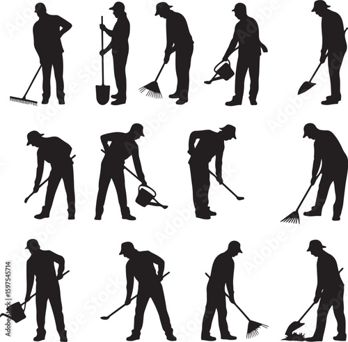Collection Of Silhouettes vector Of Farmworkers. Icons of workers with diverse tools and instruments. Silhouettes of Farmers Working with Shovels, Rakes, and Hoes in Fields
