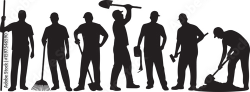 Collection Of Silhouettes vector Of Farmworkers. Icons of workers with diverse tools and instruments. Silhouettes of Farmers Working with Shovels, Rakes, and Hoes in Fields