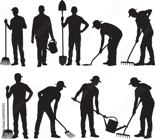 Collection Of Silhouettes vector Of Farmworkers. Icons of workers with diverse tools and instruments. Silhouettes of Farmers Working with Shovels, Rakes, and Hoes in Fields