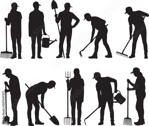 Collection Of Silhouettes vector Of Farmworkers. Icons of workers with diverse tools and instruments. Silhouettes of Farmers Working with Shovels, Rakes, and Hoes in Fields