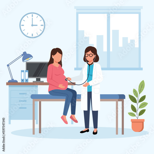 Illustration of a doctor examining a pregnant woman during a prenatal check-up, symbolizing maternity care and healthcare.