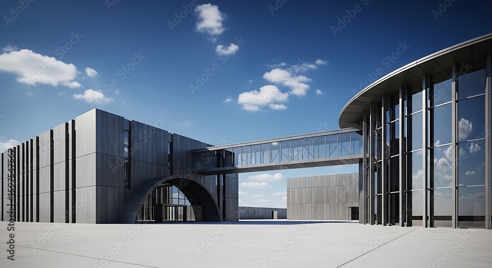 Fototapeta premium Modern architectural building with glass and concrete structures under a clear blue sky