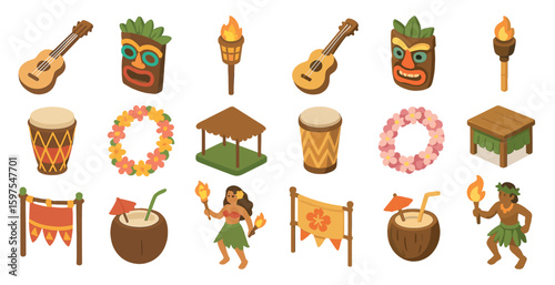 Hawaiian party isometric icons set – tropical, beach, festival symbols