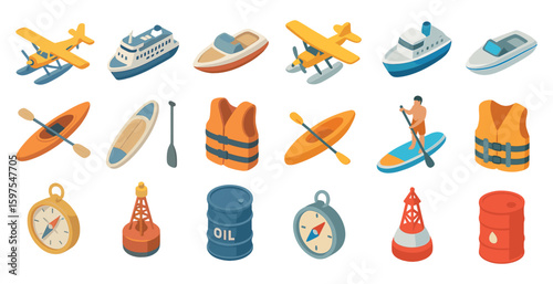 Nautical and marine icons set – isometric, boats, ships, and watercraft designs
