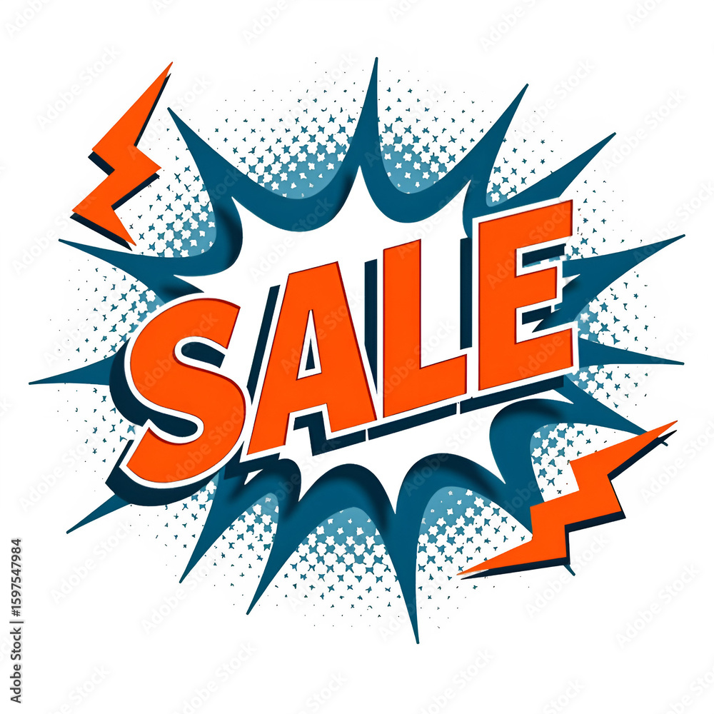 Fototapeta premium SALE with Stars and Lightning in Pop Art Comic Style