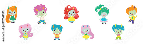 Tiny Troll Characters with Different Hair Color and Little Horns Vector Set