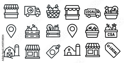 Farmers market outline icons set – local produce, fresh food, natural symbols