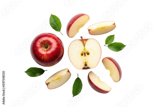Whole and sliced red apples with green leaves on half