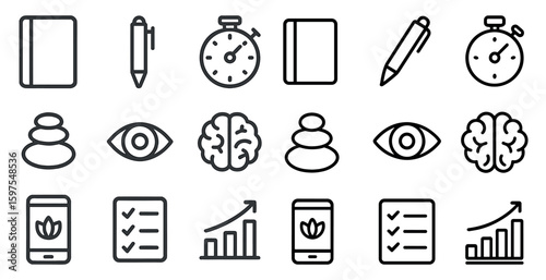 Wellness and mindfulness outline icons set – yoga, meditation, relaxation symbols