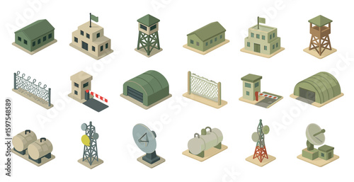 Military and defense isometric icons set – 3d, army, and security symbols