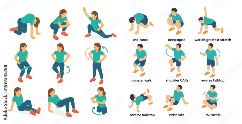 Fototapeta premium Exercise and fitness icons set – flat, solid, workout and stretching illustrations