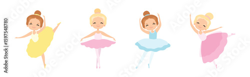 Lovely Little Ballerina in Tutu Skirt and Leotard Dancing and Training Vector Set