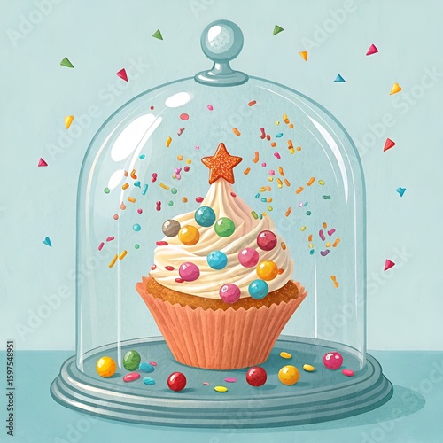 A cupcake with a star on top under a glass dome with colorful sprinkles