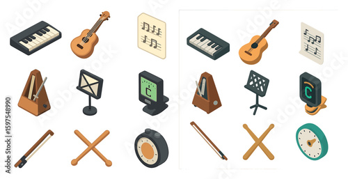 Music instruments isometric icons set – 3d, orchestral, sound and rhythm symbols