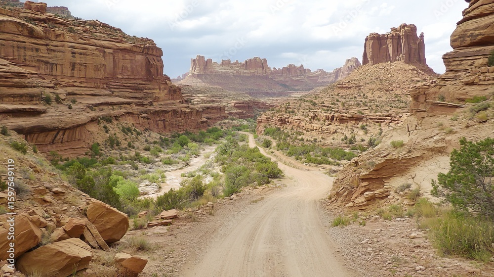 Fototapeta premium Desert canyon road winds through red rock